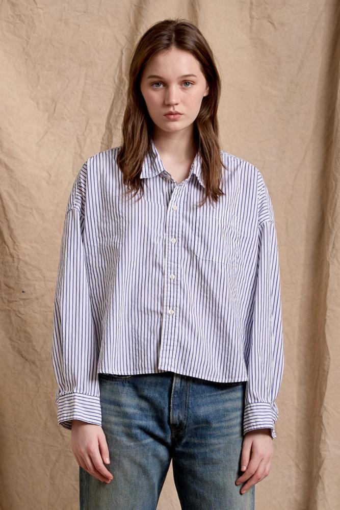 Cropped Button Front Shirt - Medium Blue Stripe