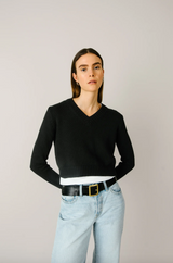 Cropped V-Neck Sweater in Black